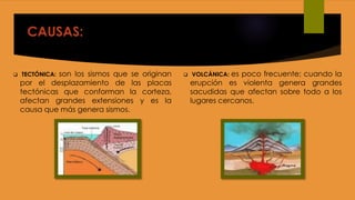 CAUSAS:
 TECTÓNICA: son los sismos que se originan
por el desplazamiento de las placas
tectónicas que conforman la corteza,
afectan grandes extensiones y es la
causa que más genera sismos.
 VOLCÁNICA: es poco frecuente; cuando la
erupción es violenta genera grandes
sacudidas que afectan sobre todo a los
lugares cercanos.
 