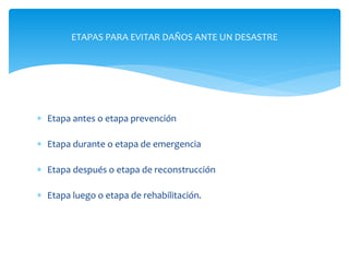  Etapa antes o etapa prevención
 Etapa durante o etapa de emergencia
 Etapa después o etapa de reconstrucción
 Etapa luego o etapa de rehabilitación.
ETAPAS PARA EVITAR DAÑOS ANTE UN DESASTRE
 
