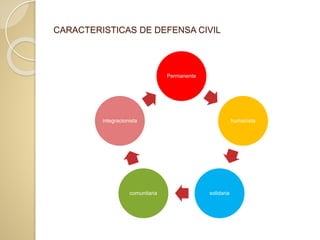 CARACTERISTICAS DE DEFENSA CIVIL
Permanente
humanista
solidariacomunitaria
integracionista
 