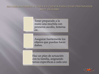 Tener preparado a la
mano una mochila con
primeros auxilio, linterna
etc.
Asegurar fuertemente los
objetos que puedan hacer
daños.
Haz un plan de actuación
con tu familia, asignando
tareas especificas a cada uno
 