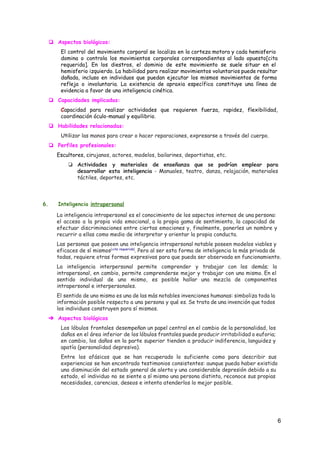 ❏ Aspectos biológicos:
El control del movimiento corporal se localiza en la corteza motora y cada hemisferio
domina o controla los movimientos corporales correspondientes al lado opuesto[​cita
requerida​]. En los diestros, el dominio de este movimiento se suele situar en el
hemisferio izquierdo. La habilidad para realizar movimientos voluntarios puede resultar
dañada, incluso en individuos que puedan ejecutar los mismos movimientos de forma
refleja o involuntaria. La existencia de apraxia específica constituye una línea de
evidencia a favor de una inteligencia cinética.
❏ Capacidades implicadas:
C​apacidad para realizar actividades que requieren fuerza, rapidez, flexibilidad,
coordinación óculo-manual y equilibrio.
❏ Habilidades relacionadas:
Utili​zar las manos para crear o hacer reparaciones, expresarse a través del cuerpo.
❏ Perfiles profesionales:
Escultores, cir​ujanos, actores, modelos, bailarines, deportistas, etc.
❏ Actividades y materiales de enseñanza que se podrían emplear para
desarrollar esta inteligencia - Manuales, teatro, danza, relajación, materiales
táctiles, deportes, etc.
6. Inteligencia ​intrapersonal
La inteligencia intrapersonal es el conocimiento de los aspectos internos de una persona:
el acceso a la propia vida emocional, a la propia gama de sentimiento, la capacidad de
efectuar discriminaciones entre ciertas emociones y, finalmente, ponerles un nombre y
recurrir a ellas como medio de interpretar y orientar la propia conducta.
Las personas que poseen una inteligencia intrapersonal notable poseen modelos viables y
eficaces de sí mismos​[​cita requerida​]​
. Pero al ser esta forma de inteligencia la más privada de
todas, requiere otras formas expresivas para que pueda ser observada en funcionamiento.
La inteligencia interpersonal permite comprender y trabajar con los demás; la
intrapersonal, en cambio, permite comprenderse mejor y trabajar con uno mismo. En el
sentido individual de uno mismo, es posible hallar una mezcla de componentes
intrapersonal e interpersonales.
El sentido de uno mismo es una de las más notables invenciones humanas: simboliza toda la
información posible respecto a una persona y qué es. Se trata de una invención que todos
los individuos construyen para sí mismos.
➔ Aspectos biológicos
Los lóbulos frontales desempeñan un papel central en el cambio de la personalidad, los
daños en el área inferior de los lóbulos frontales puede producir irritabilidad o euforia;
en cambio, los daños en la parte superior tienden a producir indiferencia, languidez y
apatía (personalidad depresiva).
Entre los afásicos que se han recuperado lo suficiente como para describir sus
experiencias se han encontrado testimonios consistentes: aunque pueda haber existido
una disminución del estado general de alerta y una considerable depresión debido a su
estado, el individuo no se siente a sí mismo una persona distinta, reconoce sus propias
necesidades, carencias, deseos e intenta atenderlos lo mejor posible.
6 
 