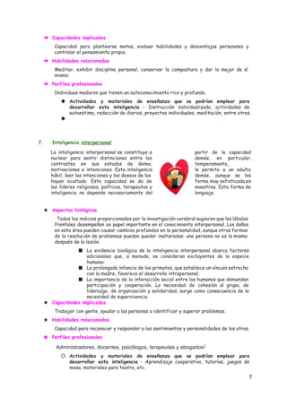 ➔ Capacidades implicadas
Capacidad para plantearse metas, evaluar habilidades y desventajas personales y
controlar el pensamiento propio.
➔ Habilidades relacionadas
Meditar, exhibir disciplina personal, conservar la compostura y dar lo mejor de sí
mismo.
➔ Perfiles profesionales
Individuos maduros que tienen un autoconocimiento rico y profundo.
◆ Actividades y materiales de enseñanza que se podrían emplear para
desarrollar esta inteligencia - Instrucción individualizada, actividades de
autoestima, redacción de diarios, proyectos individuales, meditación, entre otros.
◆
7. Inteligencia ​interpersonal
La inteligencia interpersonal se constituye a partir de la capacidad
nuclear para sentir distinciones entre los demás, en particular,
contrastes en sus estados de ánimo, temperamento,
motivaciones e intenciones. Esta inteligencia le permite a un adulto
hábil, leer las intenciones y los deseos de los demás, aunque se los
hayan ocultado. Esta capacidad se da de forma muy sofisticada en
los líderes religiosos, políticos, terapeutas y maestros. Esta forma de
inteligencia no depende necesariamente del lenguaje.
★ Aspectos biológicos
​Todos los indicios proporcionados por la investigación cerebral sugieren que los lóbulos
frontales desempeñan un papel importante en el conocimiento interpersonal. Los daños
en esta área pueden causar cambios profundos en la personalidad, aunque otras formas
de la resolución de problemas puedan quedar inalteradas: una persona no es la misma
después de la lesión.
■ La evidencia biológica de la inteligencia interpersonal abarca factores
adicionales que, a menudo, se consideran excluyentes de la especie
humana:
■ La prolongada infancia de los primates, que establece un vínculo estrecho
con la madre, favorece el desarrollo intrapersonal.
■ La importancia de la interacción social entre los humanos que demandan
participación y cooperación. La necesidad de cohesión al grupo, de
liderazgo, de organización y solidaridad, surge como consecuencia de la
necesidad de supervivencia.
★ Capacidades implicadas
Trabajar con gente, ayudar a las personas a identificar y superar problemas.
★ Habilidades relacionadas
Capacidad para reconocer y responder a los sentimientos y personalidades de los otros.
★ Perfiles profesionales
 Administradores, docentes, psicólogos, terapeutas y abogados​1 
○ Actividades y materiales de enseñanza que se podrían emplear para
desarrollar esta inteligencia - Aprendizaje cooperativo, tutorías, juegos de
mesa, materiales para teatro, etc.
7 
 