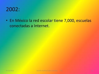 2002:
• En México la red escolar tiene 7,000, escuelas
  conectadas a Internet.




07/12/2011       Jennifer Andrea Galera Almeida   1ºG   15
 