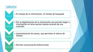 SIRVEN
Optimizar
• El manejo de la información, el tiempo de busqueda
Inmaterialidad
• Por la digitalización de la información nos permite llegar a
información en otros puntos lejanos atravez de una
conexión
Automatizar
• Automatización de tareas, que permiten el ahorro de
tiempo
Interactividad
• Permite comunicación bidireccional
 