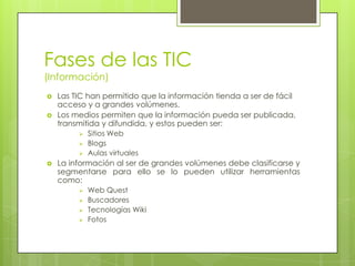 Fases de las TIC
(Información)
   Las TIC han permitido que la información tienda a ser de fácil
    acceso y a grandes volúmenes.
   Los medios permiten que la información pueda ser publicada,
    transmitida y difundida, y estos pueden ser:
            Sitios Web
            Blogs
            Aulas virtuales
   La información al ser de grandes volúmenes debe clasificarse y
    segmentarse para ello se lo pueden utilizar herramientas
    como:
            Web Quest
            Buscadores
            Tecnologías Wiki
            Fotos
 