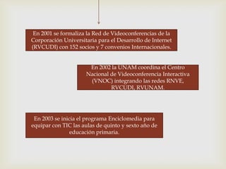 En 2001 se formaliza la Red de Videoconferencias de la
Corporación Universitaria para el Desarrollo de Internet
(RVCUDI) con 152 socios y 7 convenios Internacionales.


                      En 2002 la UNAM coordina el Centro
                     Nacional de Videoconferencia Interactiva
                      (VNOC) integrando las redes RNVE,
                              RVCUDI, RVUNAM.




 En 2003 se inicia el programa Enciclomedia para
equipar con TIC las aulas de quinto y sexto año de
                educación primaria.
 