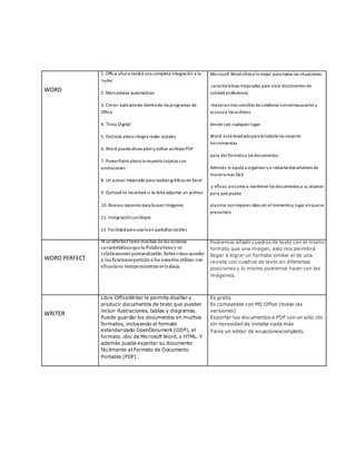 WORD 
1. Office ahora tendrá una completa integración a la 
'nube' 
2. Marcadores automáticos 
3. Correr aplicaciones dentro de los programas de 
Office 
4. 'Tinta Digital' 
5. Outlook ahora integra redes sociales 
6. Word puede ahora abrir y editar archivos PDF 
7. PowerPoint ahora te muestra tarjetas con 
anotaciones 
8. Un asesor mejorado para realizar gráficos en Excel 
9. Outlook te recordará si te falta adjuntar un archivo 
10. Nuevas opciones para buscar imágenes 
11. Integración con Skype 
12. Facilidad para usarlo en pantallas táctiles 
Microsoft Word ofrece lo mejor para todas las situaciones: 
características mejoradas para crear documentos de 
calidad profesional, 
maneras más sencillas de colaborar con otrosusuarios y 
acceso a los archivos 
desde casi cualquier lugar. 
Word está diseñado para brindarle las mejores 
herramientas 
para dar formato a los documentos. 
Además le ayuda a organizar y a redactardocumentos de 
manera más fácil 
y eficaz, así como a mantener los documentos a su alcance 
para que pueda 
plasmar sus mejores ideas en el momento y lugar en que se 
presenten. 
WORD PERFECT 
WordPerfect tiene muchas de las mismas 
ca racterísticas que la Palabra tiene y es 
r elativamente personalizable. Saber cómo acceder 
a las funciones permite a los usuarios utilizar con 
eficacia su tiempo mientras se trabaja 
Podremos añadir cuadros de texto con el mismo 
formato que una imagen, esto nos permitirá 
llegar a lograr un formato similar al de una 
revista con cuadros de texto en diferentes 
posiciones y lo mismo podremos hacer con las 
imágenes. 
WRITER 
Libre OfficeWriter le permite diseñar y 
producir documentos de texto que pueden 
incluir ilustraciones, tablas y diagramas. 
Puede guardar los documentos en muchos 
formatos, incluyendo el formato 
estandarizado OpenDocument (ODF), el 
formato .doc de Microsoft Word, o HTML. Y 
además puede exportar su documento 
fácilmente al Formato de Documento 
Portable (PDF). 
Es gratis 
Es compatible con MS Office (todas las 
versiones) 
Exportar tus documentos a PDF con un sólo clic 
sin necesidad de instalar nada más 
Tiene un editor de ecuacionescompleto. 
