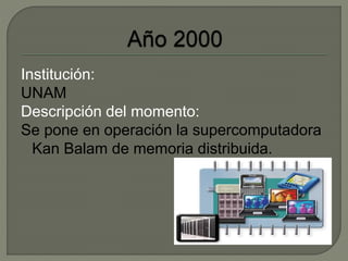 Institución: 
UNAM 
Descripción del momento: 
Se pone en operación la supercomputadora 
Kan Balam de memoria distribuida. 
 
