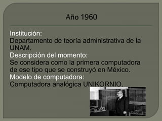 Institución: 
Departamento de teoría administrativa de la 
UNAM. 
Descripción del momento: 
Se considera como la primera computadora 
de ese tipo que se construyó en México. 
Modelo de computadora: 
Computadora analógica UNIKORNIO. 
 