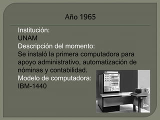 Institución: 
UNAM 
Descripción del momento: 
Se instaló la primera computadora para 
apoyo administrativo, automatización de 
nóminas y contabilidad. 
Modelo de computadora: 
IBM-1440 
 