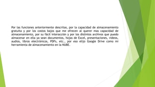 Por las funciones anteriormente descritas, por la capacidad de almacenamiento
gratuita y por los costos bajos que me ofrecen al querer mas capacidad de
almacenamiento, por su fácil interacción y por los distintos archivos que puedo
almacenar en ella ya sean documentos, hojas de Excel, presentaciones, videos,
audios, libros electrónicos, PDFs, etc., por eso elijo Google Drive como mi
herramienta de almacenamiento en la NUBE.
 