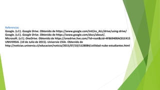 Referencias
Google. (s.f.). Google Drive. Obtenido de https://www.google.com/intl/es_ALL/drive/using-drive/
Google. (s.f.). Google Drive. Obtenido de https://www.google.com/docs/about/,
Microsoft. (s.f.). OneDrive. Obtenido de https://onedrive.live.com/?id=root&cid=4F869400AC81E415
UNIVERSIA. (10 de Julio de 2015). Universia Chile. Obtenido de
http://noticias.universia.cl/educacion/noticia/2015/07/10/1128084/utilidad-nube-estudiantes.html
 