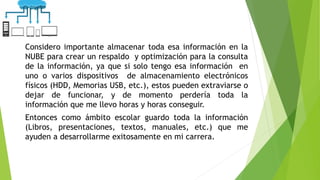 Considero importante almacenar toda esa información en la
NUBE para crear un respaldo y optimización para la consulta
de la información, ya que si solo tengo esa información en
uno o varios dispositivos de almacenamiento electrónicos
físicos (HDD, Memorias USB, etc.), estos pueden extraviarse o
dejar de funcionar, y de momento perdería toda la
información que me llevo horas y horas conseguir.
Entonces como ámbito escolar guardo toda la información
(Libros, presentaciones, textos, manuales, etc.) que me
ayuden a desarrollarme exitosamente en mi carrera.
 