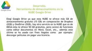 Desarrollo.
Herramienta de Almacenamiento en la
NUBE Google Drive
Elegí Google Drive ya que esta NUBE te ofrece más GB de
almacenamiento gratuito (15 GB) en comparación de Dropbox
(2GB) y OneDrive (5GB), hay otro servicio en la NUBE que es de
MEGA esta te ofrece 50 GB gratuitos, pero carece de funciones
como editar documentos en Word, Excel, etc., además este
último se ha usado con fines ilegales como por ejemplo:
descargar películas sin pagar una licencia.
 