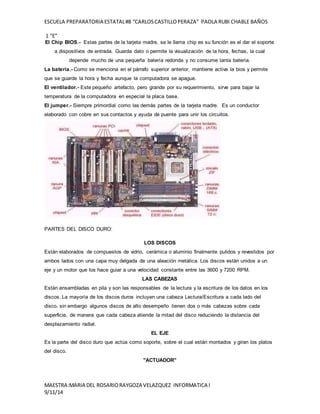 ESCUELA PREPARATORIA ESTATAL #8 “CARLOS CASTILLO PERAZA” PAOLA RUBI CHABLE BAÑOS 
1 “E” 
El Chip BIOS.- Estas partes de la tarjeta madre, se le llama chip es su función es el dar el soporte 
a dispositivos de entrada. Guarda dato o permite la visualización de la hora, fechas, la cual 
depende mucho de una pequeña batería redonda y no consume tanta batería. 
La batería.- Como se menciona en el párrafo superior anterior, mantiene activa la bios y permite 
que se guarde la hora y fecha aunque la computadora se apague. 
El ventilador.- Este pequeño artefacto, pero grande por su requerimiento, sirve para bajar la 
temperatura de la computadora en especial la placa base. 
El jumper.- Siempre primordial como las demás partes de la tarjeta madre. Es un conductor 
elaborado con cobre en sus contactos y ayuda de puente para unir los circuitos. 
PARTES DEL DISCO DURO: 
LOS DISCOS 
Están elaborados de compuestos de vidrio, cerámica o aluminio finalmente pulidos y revestidos por 
ambos lados con una capa muy delgada de una aleación metálica. Los discos están unidos a un 
eje y un motor que los hace guiar a una velocidad constante entre las 3600 y 7200 RPM. 
LAS CABEZAS 
Están ensambladas en pila y son las responsables de la lectura y la escritura de los datos en los 
discos. La mayoría de los discos duros incluyen una cabeza Lectura/Escritura a cada lado del 
disco, sin embargo algunos discos de alto desempeño tienen dos o más cabezas sobre cada 
superficie, de manera que cada cabeza atiende la mitad del disco reduciendo la distancia del 
desplazamiento radial. 
EL EJE 
Es la parte del disco duro que actúa como soporte, sobre el cual están montados y giran los platos 
del disco. 
"ACTUADOR" 
MAESTRA:MARIA DEL ROSARIO RAYGOZA VELAZQUEZ INFORMATICA I 
9/11/14 
 