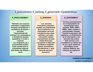 E_procurement, E_banking, E_goverment– Características 
COMERCIO ELECTRONICO
MARCO P. ALMEIDA H.
 