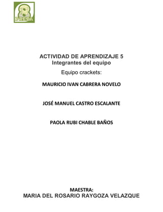 ACTIVIDAD DE APRENDIZAJE 5 
Integrantes del equipo 
Equipo crackets: 
MAURICIO IVAN CABRERA NOVELO 
JOSÉ MANUEL CASTRO ESCALANTE 
PAOLA RUBI CHABLE BAÑOS 
MAESTRA: 
MARIA DEL ROSARIO RAYGOZA VELAZQUE 
 