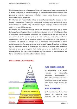 UNIVERSIDAD CESAR VALLEJO AUTOESTIMA
El término autoimagen se utiliza para referirse a la imagen mental que una persona tiene de
sí misma. Gran parte de nuestra autoimagen se basa en nuestras interacciones con otras
personas y nuestras experiencias vitales.Esta imagen mental (nuestra autoimagen)
contribuye a nuestra autoestima.
En virtud de este razonamiento, incluso los seres humanos más viles merecen un trato
humano y considerado. Esta actitud, no obstante, no busca entrar en conflicto con los
mecanismos que la ​sociedad tenga a su disposición para evitar que unos individuos causen
daño a otros—sea del tipo que sea—.
El ​concepto de autoestima varía en función del paradigma psicológico que lo aborde
(​psicología humanista​, ​psicoanálisis​, o ​conductismo​). Desde el punto de vista del ​psicoanálisis​,
la autoestima está íntimamente relacionada con el desarrollo del ​ego​; por otro lado, el
conductismo se centra en conceptos tales como «estímulo», «respuesta», «refuerzo»,
«aprendizaje», con lo cual el concepto ​holístico de autoestima no tiene sentido. La
autoestima es además un concepto que ha traspasado frecuentemente el ámbito
exclusivamente ​científico para formar parte del lenguaje popular. El ​budismo considera al
ego una ilusión de la ​mente​, de tal modo que la autoestima, e incluso el ​alma​, son también
ilusiones; el ​amor y la ​compasión hacia todos los seres con sentimientos y la nula
consideración del ego, constituyen la base de la ​felicidad absoluta. En palabras de ​Buda​, «no
hay un camino hacia la felicidad, la felicidad es el camino».
 
ESCALERA DE LA AUTOESTIMA  
 
AUTO RECONOCIMIENTO  
Es reconocerse a sí mismo,
reconocer las necesidades,
habilidades, potencialidades y
debilidades, cualidades corporales o
psicológicas, observar sus acciones,
como actúa, porqué actúa y qué
siente.
AUTO ACEPTACIÓN 
Es la capacidad que tiene el ser
humano de aceptarse como
realmente es, en lo físico,
página ­ 3 
 
