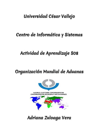 Universidad César Vallejo
Centro de Informática y Sistemas
Actividad de Aprendizaje S08
Organización Mundial de Aduanas
Adriana Zuloaga Vera
 
 
