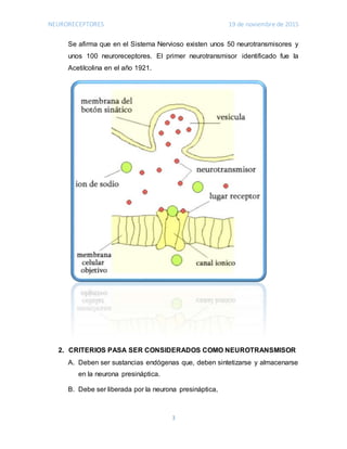 NEURORECEPTORES 19 de noviembre de 2015
3
Se afirma que en el Sistema Nervioso existen unos 50 neurotransmisores y
unos 100 neuroreceptores. El primer neurotransmisor identificado fue la
Acetilcolina en el año 1921.
2. CRITERIOS PASA SER CONSIDERADOS COMO NEUROTRANSMISOR
A. Deben ser sustancias endógenas que, deben sintetizarse y almacenarse
en la neurona presináptica.
B. Debe ser liberada por la neurona presináptica,
 