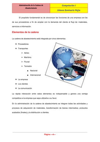  
Administración de la Cadena de
Abastecimiento
Computación I
Johann Seminario Mejia
 
El propósito fundamental es de sincronizar las funciones de una empresa con las                         
de sus proveedores a fin de acoplar con la demanda del cliente el flujo de: materiales,                               
servicios e información. 
Elementos de la cadena 
La cadena de abastecimiento está integrada por cinco elementos: 
❖ Proveedores 
❖ Transportes 
➢ Aéreo 
➢ Marítimo 
➢ Fluvial 
➢ Terrestre 
■ Nacional 
■ Internacional 
❖ La empresa 
❖ Los clientes 
❖ La comunicación 
La rápida interacción entre estos elementos es indispensable y genera una ventaja                       
competitiva a la​ empresa​ que sepa utilizarla a su favor. 
En la administración de la cadena de abastecimiento se integran todas las actividades y                           
procesos de adquisición de materiales​, transformación de bienes intermedios; productos                   
acabados (finales) y la​ distribución​ a clientes. 
 
 
Página ­­­4­­­ 
 