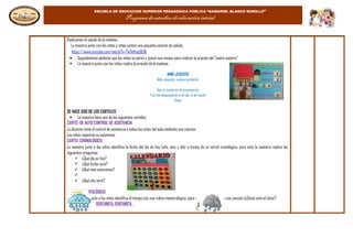 ESCUELA DE EDUCACION SUPERIOR PEDAGOGICA PÚBLICA “GAMANIEL BLANCO MURILLO”
Programa de estudios de educación inicial
Realizamos el saludo de la mañana
La maestra junto con los niños y niñas cantan una pequeña canción de saludo.
https://www.youtube.com/watch?v=7wTkHmpDE9k
 Seguidamente pedimos que los niños se paren y junten sus manos para realizar la oración del “padre nuestro”
 La maestra junto con los niños realiza la oración de la mañana.
NIÑO JESUSITO
Niño Jesusito, manso corderito
Haz tu cunita en mi corazoncito
Y no me desampares ni de día, ni de noche
Amen
SE HACE USO DE LOS CARTELES
 La maestra hace uso de los siguientes carteles:
CARTEL DE AUTO CONTROL DE ASISTENCIA
La docente toma el control de asistencia a todos los niños del aula mediante una canción.
Los niños registran su asistencia
CARTEL CRONOLÓGICO:
La maestra junto a los niños identifica la fecha del día de hoy (año, mes y día) a través de un cartel cronológico, para esto la maestra realiza las
siguientes preguntas:
 ¿Qué día es hoy?
 ¿Qué fecha será?
 ¿Qué mes estaremos?

 ¿Qué año será?
CARTEL METEREOLÓGICO:
 La maestra junto a los niños identifica el tiempo con una ruleta meteorológica, para esto primero cantan una canción (¿Cómo está el clima?
VENTANITA, VENTANITA
 