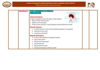 ESCUELA DE EDUCACION SUPERIOR PEDAGOGICA PÚBLICA “GAMANIEL BLANCO MURILLO”
Programa de estudios de educación inicial
DESARROLLO GESTIÓN Y ACOMPAÑAMIENTO DE LOS APRENDIZAJES.
PROBLEMATIZACIÓN
Antes de la lectura
La maestra irá pegando en la pizarra las imágenes y luego preguntará:
 ¿De qué creen que tratará el cuento?
 ¿Quiénes serán los personajes?
 El título de nuestro cuento dice “la niña que lloraba por todo ¿Estará bien llorar por todo?
Durante la lectura
 La maestra empezará a contar el cuento utilizando los pictogramas e irá preguntando:
 ¿estará bien lo que hizo sara?
 ¿se piden las cosas llorando?
Después de la lectura
 Los niños y niñas responderán a las siguientes preguntas:
 ¿de que trató el cuento?
 ¿Quiénes fueron los personajes?
 ¿de que lloraba sara?
 ¿Qué aprendimos del cuento?
 ¿Cuándo queremos algo como debemos perdirlo?
 