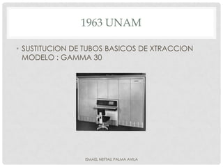1963 UNAM

• SUSTITUCION DE TUBOS BASICOS DE XTRACCION
  MODELO : GAMMA 30




                ISMAEL NEFTALI PALMA AVILA
 