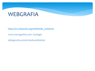 WEBGRAFIA
https://es.wikipedia.org/wiki/Medio_ambiente
www.monografias.com › Ecología
elblogverde.com/el-medio-ambiente/
 