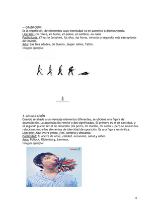— GRADACIÓN:
Es la repetición, de elementos cuya intensidad va en aumento o disminuyendo.
Literaria: En tierra, en humo, en polvo, en sombra, en nada.
Publicitaria: El estilo Longines, los días, las horas, minutos y segundos más extraplanos
del mundo.
Arte: Las tres edades, de Durero, Jasper Johns, Tatlin.
Imagen ejemplo:
3. ACUMULACIÓN
Cuando se añade a un mensaje elementos diferentes, se obtiene una figura de
acumulación. La acumulación remite a dos significados. El primero es el de cantidad, y
el segundo puede ser el de desorden (mi perro, mi marido, mi coche), pero se anulan las
relaciones entre los elementos de identidad de oposición. Es una figura romántica.
Literario: Aquí entre yerba, flor. sombra y descanso.
Publicidad: El aceite de oliva, calidad, economía, salud y sabor.
Arte: Pollock, Oldemburg, Lemieux.
Imagen ejemplo:
6
 