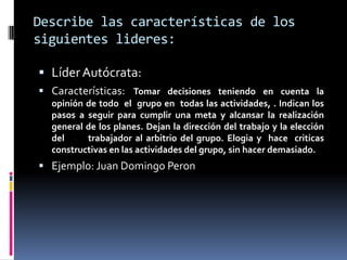 Describe las características de los
siguientes lideres:

 Líder Autócrata:
 Características: Tomar decisiones teniendo en cuenta la
  opinión de todo el grupo en todas las actividades, . Indican los
  pasos a seguir para cumplir una meta y alcansar la realización
  general de los planes. Dejan la dirección del trabajo y la elección
  del     trabajador al arbitrio del grupo. Elogia y hace criticas
  constructivas en las actividades del grupo, sin hacer demasiado.
 Ejemplo: Juan Domingo Peron
 