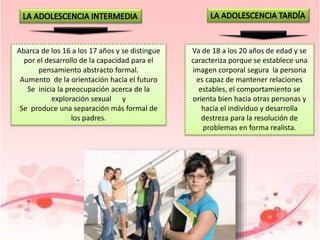 Abarca de los 16 a los 17 años y se distingue
por el desarrollo de la capacidad para el
pensamiento abstracto formal.
Aumento de la orientación hacia el futuro
Se inicia la preocupación acerca de la
exploración sexual y
Se produce una separación más formal de
los padres.
Va de 18 a los 20 años de edad y se
caracteriza porque se establece una
imagen corporal segura la persona
es capaz de mantener relaciones
estables, el comportamiento se
orienta bien hacia otras personas y
hacia el individuo y desarrolla
destreza para la resolución de
problemas en forma realista.
 