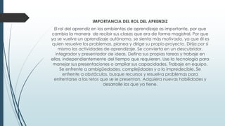 IMPORTANCIA DEL ROL DEL APRENDIZ
El rol del aprendiz en los ambientes de aprendizaje es importante, por que
cambia la manera de recibir sus clases que era de forma magistral. Por que
ya se vuelve un aprendizaje autónomo, se sienta más motivado, ya que él es
quien resuelve los problemas, planea y dirige su propio proyecto. Dirija por sí
mismo las actividades de aprendizaje. Se convierta en un descubridor,
integrador y presentador de ideas. Defina sus propias tareas y trabaje en
ellas, independientemente del tiempo que requieren. Use la tecnología para
manejar sus presentaciones o ampliar sus capacidades. Trabaje en equipo.
Se enfrente a ambigüedades, complejidades y a lo impredecible. Se
enfrente a obstáculos, busque recursos y resuelva problemas para
enfrentarse a los retos que se le presentan. Adquiera nuevas habilidades y
desarrolle las que ya tiene.
 