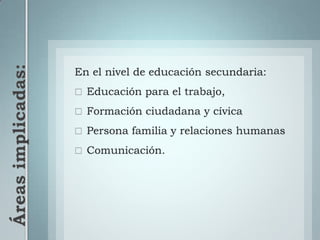 Áreas implicadas:En el nivel de educación secundaria: Educación para el trabajo,  Formación ciudadana y cívicaPersona familia y relaciones humanasComunicación.