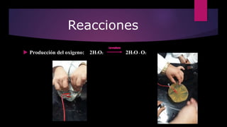Reacciones
 Producción del oxigeno: 2H2O2 2H2O+ O2
 