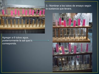 3.- Nombrar a los tubos de ensayo según
la sustancia que levara.
Agregar a 6 tubos agua,
posteriormente la sal que le
corresponda.
 