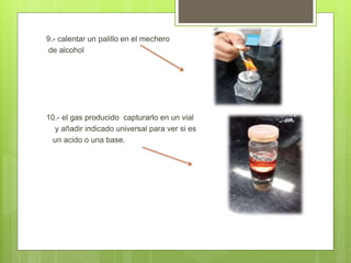 9.- calentar un palillo en el mechero
de alcohol
10.- el gas producido capturarlo en un vial
y añadir indicado universal para ver si es
un acido o una base.
 