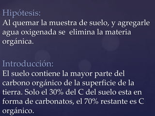 Hipótesis:
Al quemar la muestra de suelo, y agregarle
agua oxigenada se elimina la materia
orgánica.

Introducción:
El suelo contiene la mayor parte del
carbono orgánico de la superficie de la
tierra. Solo el 30% del C del suelo esta en
forma de carbonatos, el 70% restante es C
orgánico.

 