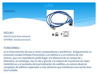 LAN
IMAGEN :




SIGLAS :
INGLES: local área network .
ESPAÑOL: red de area local .


FUNCIONES :
es la interconexión de una o varias computadoras y periféricos. Antiguamente su
extensión estaba limitada físicamente a un edificio o a un entorno de 200
metros, que con repetidores podía llegar a la distancia de un campo de 1
kilómetro, sin embargo, hoy en día y gracias a la mejora de la potencia de redes
inalámbricas y el aumento de la privatización de satélites, es común observar
complejos de edificios separados a más distancia que mantienen una red de área
local estable.
 