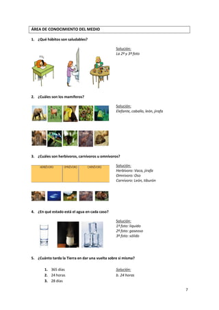 ÁREA DE CONOCIMIENTO DEL MEDIO
1. ¿Qué hábitos son saludables?
Solución:
La 2º y 3º foto

2. ¿Cuáles son los mamíferos?
Solución:
Elefante, caballo, león, jirafa

3. ¿Cuáles son herbívoros, carnívoros u omnívoros?
Solución:
Herbívoro: Vaca, jirafa
Omnívoro: Oso
Carnívoro: León, tiburón

4. ¿En qué estado está el agua en cada caso?
Solución:
1º foto: liquido
2º foto: gaseoso
3º foto: sólido

5. ¿Cuánto tarda la Tierra en dar una vuelta sobre si misma?
1. 365 días
2. 24 horas
3. 28 días

Solución:
b. 24 horas

7

 