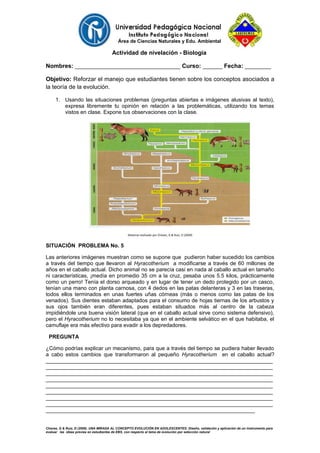 Área de Ciencias Naturales y Edu. Ambiental
Actividad de nivelación - Biología
Nombres: ________________________________ Curso: ______ Fecha: ________
Objetivo: Reforzar el manejo que estudiantes tienen sobre los conceptos asociados a
la teoría de la evolución.
1. Usando las situaciones problemas (preguntas abiertas e imágenes alusivas al texto),
expresa libremente tu opinión en relación a las problemáticas, utilizando los temas
vistos en clase. Expone tus observaciones con la clase.
Material realizado por Chávez, G & Ruiz, D (2009)
SITUACIÓN PROBLEMA No. 5
Las anteriores imágenes muestran como se supone que pudieron haber sucedido los cambios
a través del tiempo que llevaron al Hyracotherium a modificarse a través de 60 millones de
años en el caballo actual. Dicho animal no se parecía casi en nada al caballo actual en tamaño
ni características, ¡medía en promedio 35 cm a la cruz, pesaba unos 5.5 kilos, prácticamente
como un perro! Tenía el dorso arqueado y en lugar de tener un dedo protegido por un casco,
tenían una mano con planta carnosa, con 4 dedos en las patas delanteras y 3 en las traseras,
todos ellos terminados en unas fuertes uñas córneas (más o menos como las patas de los
venados). Sus dientes estaban adaptados para el consumo de hojas tiernas de los arbustos y
sus ojos también eran diferentes, pues estaban situados más al centro de la cabeza
impidiéndole una buena visión lateral (que en el caballo actual sirve como sistema defensivo),
pero el Hyracotherium no lo necesitaba ya que en el ambiente selvático en el que habitaba, el
camuflaje era más efectivo para evadir a los depredadores.
PREGUNTA
¿Cómo podrías explicar un mecanismo, para que a través del tiempo se pudiera haber llevado
a cabo estos cambios que transformaron al pequeño Hyracotherium en el caballo actual?
____________________________________________________________________________
____________________________________________________________________________
____________________________________________________________________________
____________________________________________________________________________
____________________________________________________________________________
____________________________________________________________________________
____________________________________________________________________________
____________________________________________________________________________
______________________________________________________________________
Chavez, G & Ruiz, D (2009). UNA MIRADA AL CONCEPTO EVOLUCIÓN EN ADOLESCENTES: Diseño, validación y aplicación de un instrumento para
evaluar las ideas previas en estudiantes de EBS, con respecto al tema de evolución por selección natural
 
