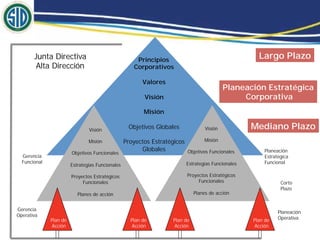 Junta Directiva                                Principios
                                                                                                       Largo Plazo
        Alta Dirección                               Corporativos

                                                         Valores
                                                                                            Planeación Estratégica
                                                          Visión                                 Corporativa
                                                         Misión

                                Visión
                                                   Objetivos Globales              Visión            Mediano Plazo
                                Misión            Proyectos Estratégicos           Misión
                                                        Globales           Objetivos Funcionales         Planeación
                        Objetivos Funcionales
  Gerencia                                                                                               Estratégica
  Funcional                                                                Estrategias Funcionales       Funcional
                        Estrategias Funcionales

                        Proyectos Estratégicos                             Proyectos Estratégicos
                             Funcionales                                        Funcionales                     Corto
                                                                                                                Plazo
                           Planes de acción                                   Planes de acción


Gerencia
                                                                                                               Planeación
Operativa
              Plan de                               Plan de        Plan de                           Plan de   Operativa
              Acción                                Acción         Acción                            Acción
 