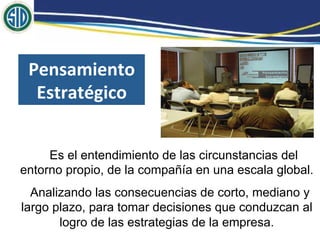 Es el entendimiento de las circunstancias del
entorno propio, de la compañía en una escala global.
  Analizando las consecuencias de corto, mediano y
largo plazo, para tomar decisiones que conduzcan al
       logro de las estrategias de la empresa.
 
