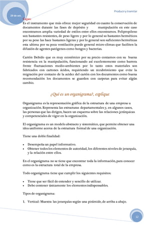 Produciry tramitar
29 de oct.
12
Cajas:
Es el instrumento que más ofrece mejor seguridad en cuanto la conservación de
documentos durante las fases de depósito y manipulación en este caso
encontramos amplia variedad de estilos entre ellos encontramos. Polipropileno
son bastantes resistentes, de peso ligero y por lo general so bastantes herméticos
por su peso las hace bastantes ligeras y por lo general son suficientes herméticas
esta ultima por su poca ventilación puede general micro-climas que faciliten la
difusión de agentes patógenos como hongos y bacterias.
Cartón Debido que es muy económico por su precio contamos con su buena
resistencia en la manipulación, funcionando así excelentemente como barrera
frente fluctuaciones medio-ambientes por lo tanto estos materiales son
fabricados con cartones ácidos, requiriendo un recubrimiento que evite la
migración por contacto de la acidez del cartón con los documentos como buena
recomendación los documentos se guarden con carpetas para evitar algún
cambio.
¿Qué es un organigrama?, explique.
Organigrama es la representación gráfica de la estructura de una empresa u
organización. Representa las estructuras departamentales y, en algunos casos,
las personas que las dirigen, hacen un esquema sobre las relaciones jerárquicas
y competenciales de vigor en la organización.
El organigrama es un modelo abstracto y sistemático, que permite obtener una
idea uniforme acerca de la estructura formal de una organización.
Tiene una doble finalidad:
 Desempeña un papel informativo.
 Obtener todos los elementos de autoridad, los diferentes niveles de jerarquía,
y la relación entre ellos.
En el organigrama no se tiene que encontrar toda la información, para conocer
como es la estructura total de la empresa.
Todo organigrama tiene que cumplir los siguientes requisitos:
 Tiene que ser fácil de entender y sencillo de utilizar.
 Debe contener únicamente los elementos indispensables.
Tipos de organigrama:
1. Vertical: Muestra las jerarquías según una pirámide, de arriba a abajo.
 