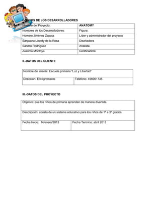I.-DATOS DE LOS DESARROLLADORES
Nombre del Proyecto:                       ANATOMY
Nombres de los Desarrolladores:            Figura:
Homero Jiménez Zapata                      Líder y administrador del proyecto
Sanjuana Liceidy de la Rosa                Diseñadora
Sandra Rodríguez                           Analista
Zuleima Montoya                            Codificadora


II.-DATOS DEL CLIENTE


Nombre del cliente: Escuela primaria “Luz y Libertad”

Dirección: El Nigromante                Teléfono: 496961735




III.-DATOS DEL PROYECTO

Objetivo: que los niños de primaria aprendan de manera divertida.


Descripción: consta de un sistema educativo para los niños de 1º a 3º grados.


Fecha Inicio: 14/enero/2013           Fecha Termino: abril 2013
 