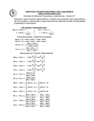 INSTITUTO TECNICO INDUSTRIAL SAN JUAN BOSCO
                            AREA DE MATEMATICAS
           Actividad de Refuerzo: Ecuaciones y sistemas trig. - Grado 10 º
Solucionar cada ecuación trigonométrica y sistema de ecuaciones 2x2 trigonométrico
de forma gráfica o aproximada y luego teóricamente utilizando la tabla de identidades
presentada a continuación:
 