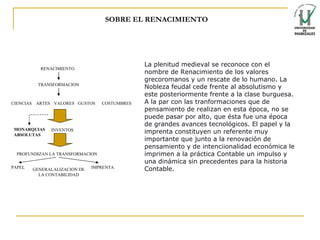 SOBRE EL RENACIMIENTO RENACIMIENTO TRANSFORMACION CIENCIAS ARTES VALORES GUSTOS COSTUMBRES INVENTOS PROFUNDIZAN LA TRANSFORMACION PAPEL IMPRENTA GENERALALIZACION DE LA CONTABILIDAD MONARQUIAS ABSOLUTAS La plenitud medieval se reconoce con el nombre de Renacimiento de los valores grecoromanos y un rescate de lo humano. La Nobleza feudal cede frente al absolutismo y este posteriormente frente a la clase burguesa. A la par con las tranformaciones que de pensamiento de realizan en esta época, no se puede pasar por alto, que ésta fue una época de grandes avances tecnológicos. El papel y la imprenta constituyen un referente muy importante que junto a la renovación de pensamiento y de intenciionalidad económica le imprimen a la práctica Contable un impulso y una dinámica sin precedentes para la historia Contable. 