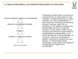 LA BAJA EDAD MEDIA, UNA OPORTUNIDAD PARA LO CONTABLE EN ESTE PANORAMA FLORECE LA CONTABILIDAD APARECEN LOS PRIMEROS TRATADOS ANTESALA APAREZCA LA OBRA DE PACCIOLO Padre de la contabilidad Finalizando la edad media, el panorama socioeconómico se hacía cada vez más complejo. La Modernidad Inicia un largo proceso y con ella la Contabilidad. Si bien, desde los mercaderes de Florencia, Genova y Venecia, siglo XIII, se practiban ya  los registros contables por partida doble (Es más, se habla de escritos), es sólo hasta el siglo XV que se toma como referencia para hablar de Contabilidad por partida doble y si se quiere de doctrina o Teoría Contable, en un escrito  dentro de un tratado de algebra y geometría realizado por Luca Paciolo, un controvertido monje franciscano a quien algunos le asignaron la titularidad de “Padre de La Contabilidad “ 