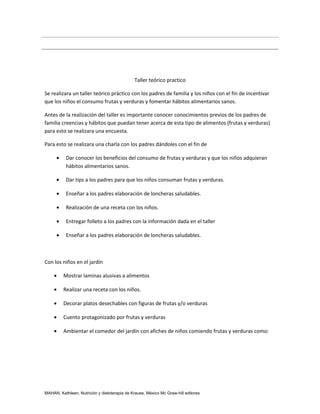 Taller teórico practico

Se realizara un taller teórico práctico con los padres de familia y los niños con el fin de incentivar
que los niños el consumo frutas y verduras y fomentar hábitos alimentarios sanos.

Antes de la realización del taller es importante conocer conocimientos previos de los padres de
familia creencias y hábitos que puedan tener acerca de esta tipo de alimentos (frutas y verduras)
para esto se realizara una encuesta.

Para esto se realizara una charla con los padres dándoles con el fin de

      •    Dar conocer los beneficios del consumo de frutas y verduras y que los niños adquieran
           hábitos alimentarios sanos.

      •    Dar tips a los padres para que los niños consuman frutas y verduras.

      •    Enseñar a los padres elaboración de loncheras saludables.

      •    Realización de una receta con los niños.

      •    Entregar folleto a los padres con la información dada en el taller

      •    Enseñar a los padres elaboración de loncheras saludables.



Con los niños en el jardín

    •     Mostrar laminas alusivas a alimentos

    •     Realizar una receta con los niños.

    •     Decorar platos desechables con figuras de frutas y/o verduras

    •     Cuento protagonizado por frutas y verduras

    •     Ambientar el comedor del jardín con afiches de niños comiendo frutas y verduras como:




MAHAN, Kathleen, Nutrición y dietoterapia de Krause, México Mc Graw-hill editores
 