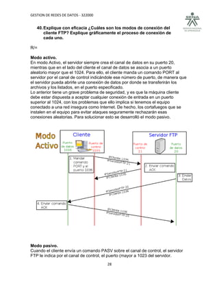 GESTION DE REDES DE DATOS - 322000


   40. Explique con eficacia ¿Cuáles son los modos de conexión del
       cliente FTP? Explique gráficamente el proceso de conexión de
       cada uno.

R/=

Modo activo.
En modo Activo, el servidor siempre crea el canal de datos en su puerto 20,
mientras que en el lado del cliente el canal de datos se asocia a un puerto
aleatorio mayor que el 1024. Para ello, el cliente manda un comando PORT al
servidor por el canal de control indicándole ese número de puerto, de manera que
el servidor pueda abrirle una conexión de datos por donde se transferirán los
archivos y los listados, en el puerto especificado.
Lo anterior tiene un grave problema de seguridad, y es que la máquina cliente
debe estar dispuesta a aceptar cualquier conexión de entrada en un puerto
superior al 1024, con los problemas que ello implica si tenemos el equipo
conectado a una red insegura como Internet. De hecho, los cortafuegos que se
instalen en el equipo para evitar ataques seguramente rechazarán esas
conexiones aleatorias. Para solucionar esto se desarrolló el modo pasivo.




Modo pasivo.
Cuando el cliente envía un comando PASV sobre el canal de control, el servidor
FTP le indica por el canal de control, el puerto (mayor a 1023 del servidor.
                                       28
 